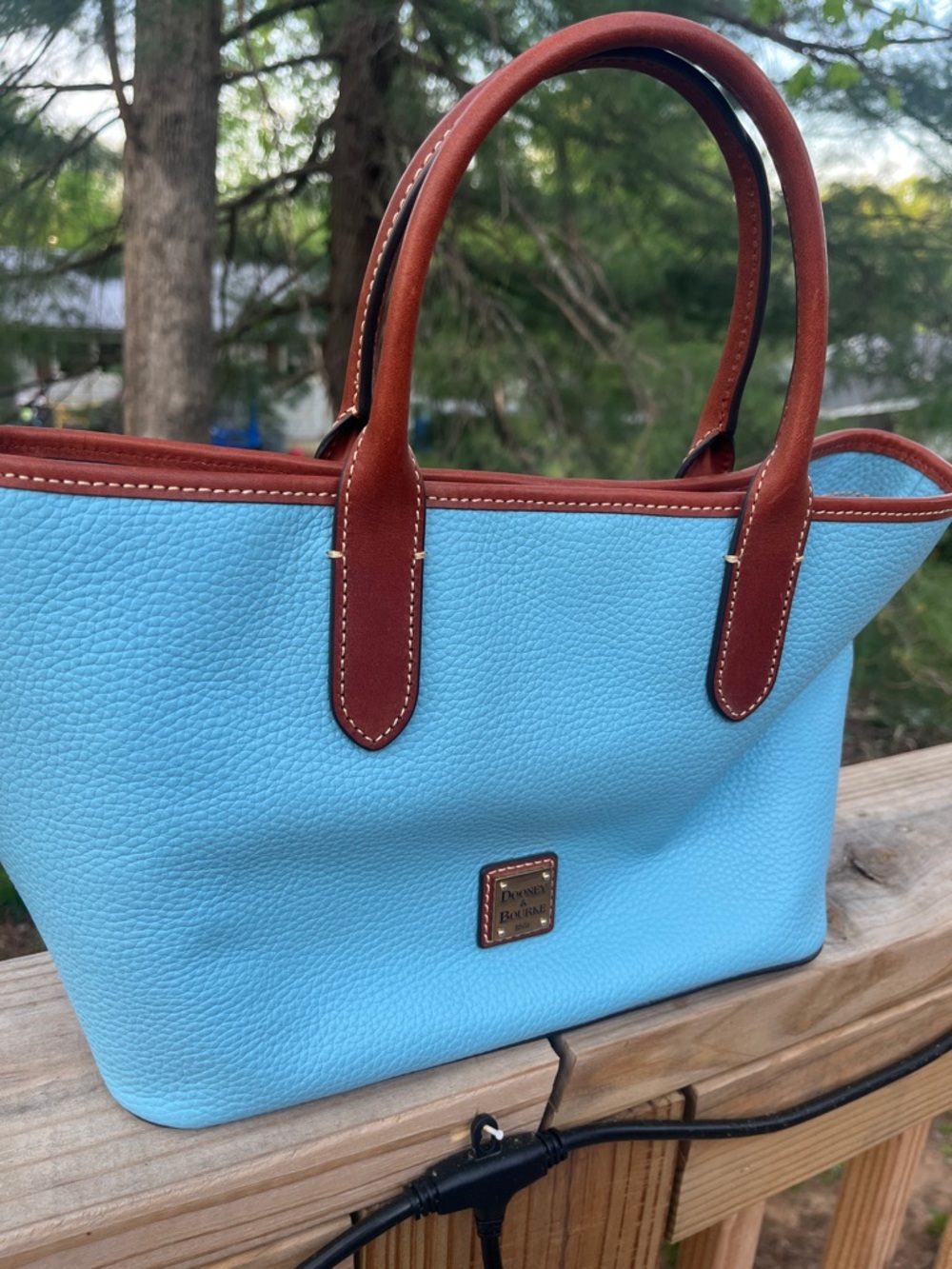 Dooney & Bourke Sky Blue Pebble Leather Tote with Brown Trim